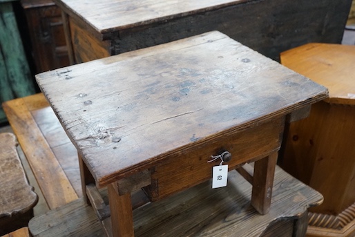 An 18th century style French rectangular pine and fruitwood low table, length 62cm, depth 50cm, height 46cm